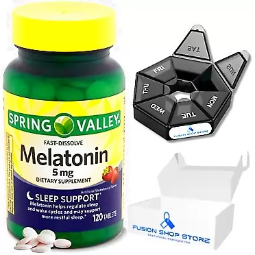 FUSION SHOP STORE Smart choices, meaningful life! Melatonin Fast Dissolve Tablets, Sleep and Restore, chewable 5mg Spring Valley, 120 Ct (1 Pack), Set with Fusion Shop Store Week case (1)