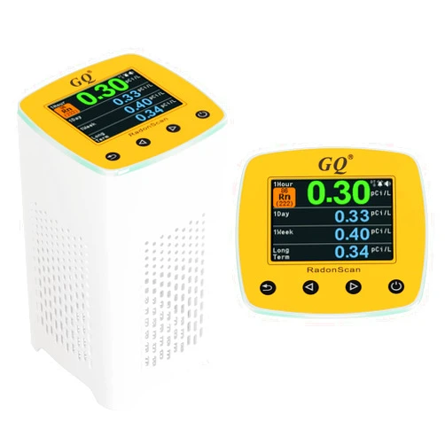 GQ Radon Detector Radonscan Home Radon Monitor Alpha Radiative Gas Radiation Design in USA Large Color Display Short and Long Term continuously Monitor Accurate Fast Sensitive Data Saving