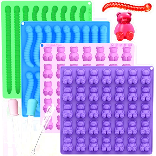 LUSHYUM Large Gummy Bear and Worm Mold Silicone, 4 PCS No Stick Chocolate Candy Gummy Molds for Edibles with 2 Droppers & Brush BPA-Free 100 Cavities, Ideal Gift for Kids Adult Halloween Party