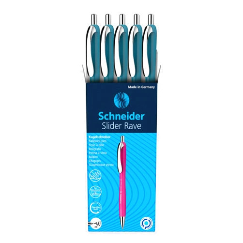 Schneider® Limited Edition Slider Rave Colors, XB (Extra Broad) Ballpoint Pen, Refillable + Retractable, 1.4 mm, Teal Barrel, Blue Ink, Box of 5 Pens (132513)