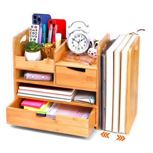 ZOOFOX Bamboo Desk Organizer with Adjustable File Holder, Mail Organizer Countertop with Drawer, 4-Tier Desktop Organization and Desk Accessories for Home Office School Supplies, No Assembly Required
