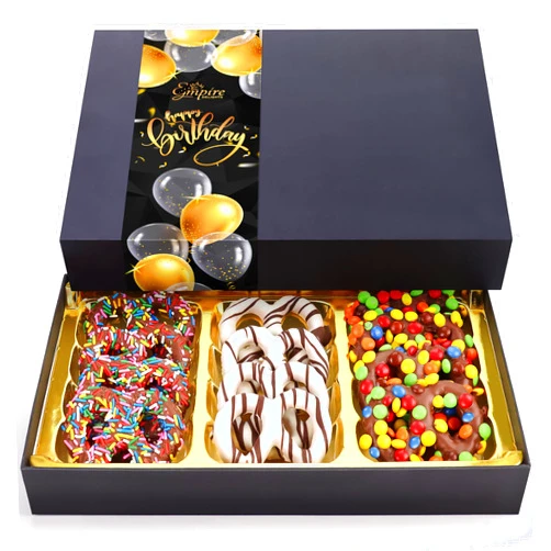 Empire Delights Happy Birthday Chocolate Covered Pretzels - 12 Assorted Gourmet Chocolate Pretzels in a Happy Birthday Chocolate Gift Box - Mouthwatering Birthday Treats For Women& Men