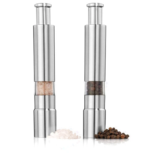 Keweis Salt and Pepper Grinder Set of 2,Stainless Steel Push Button Grinder Modern Design Thumb Grinder, for Black Pepper, Sea Salt and Himalayan Salt, Spice and Salt
