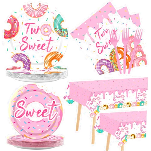 ZOIIWA 98 Pieces Two Sweet Donut Birthday Party Supplies for 24 Guests Girls Donut Tableware Set Baby Girl 2nd Birthday Paper Plates Napkins Tablecloth Party Decorations Table Cover Dinnerware Party Favors