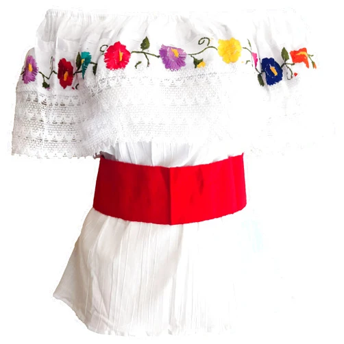 Jacq & Jürgen White Off Shoulder Loose Blouse One Size Embroidered Ruffle with Waist Red Belt