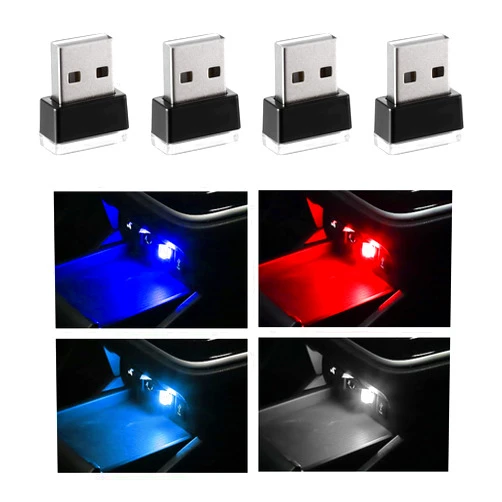 Sylvil 4 PCS USB LED Car Interior Atmosphere Lamp, Portable Mini LED Night Light, Plug-in USB Interface Trunk Ambient Lighting Kit, Universal Interior Car Accessories (Blue+Red+Ice Blue+White)