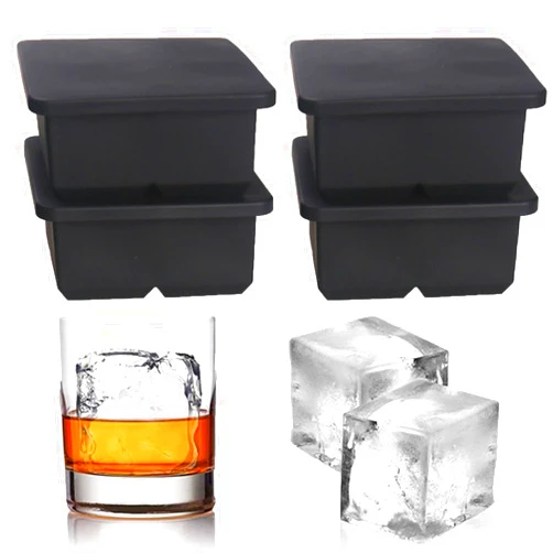 BECOKIT Large Ice Cube Trays for Whiskey: BECOKIT Big Silicone Ice Cube Trays - 2.5Inch Square Ice Cubed Tray for Bourbon Whisky and Cocktail - 4Pack Giant Silicon Ice Cube Tray (Black 4 Tray)