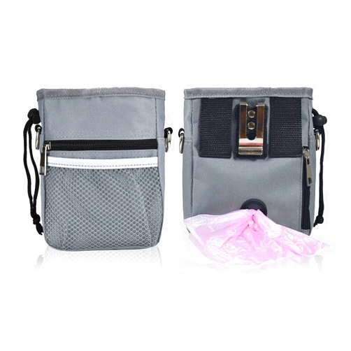 LUXACO Dog Treat Pouch Bag with Poop Bag Holder, Waterproof Puppy Training Walking Bag Shoulder Strap, Waist Belt and Clip, Easily Carrying Dog Toys, Food,Grey