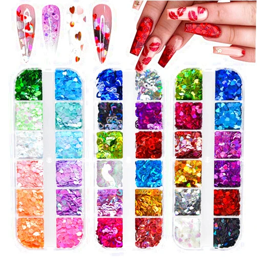 EBANKU 36 Colors Heart Glitter Nail Art Sequins, EBANKU Holographic Heart Shaped Nail Sequin Laser Heart Nail Art Flake Glitter Decals for Face Eyes Nail Art Decoration DIY Craft (3 Boxes)