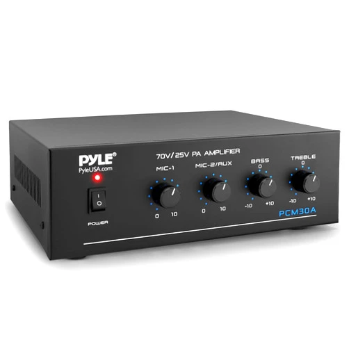 Pyle Compact Mini Home Power Amplifier - 60W Smart Small Indoor Audio Stereo Receiver w/ RCA, 2 Microphone IN, 25/70 Volt Outputs, LED, Input Selector, For PA, Amplified Speaker Sound System - PCM30A
