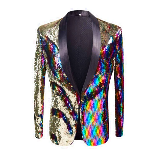 PYJTRL Men Stylish Two Color Conversion Shiny Sequins Blazer Suit Jacket