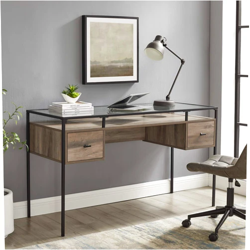 Walker Edison Writing Desk, 56, Glass Top 2 Drawer Computer, 56 Inch, Grey Wash