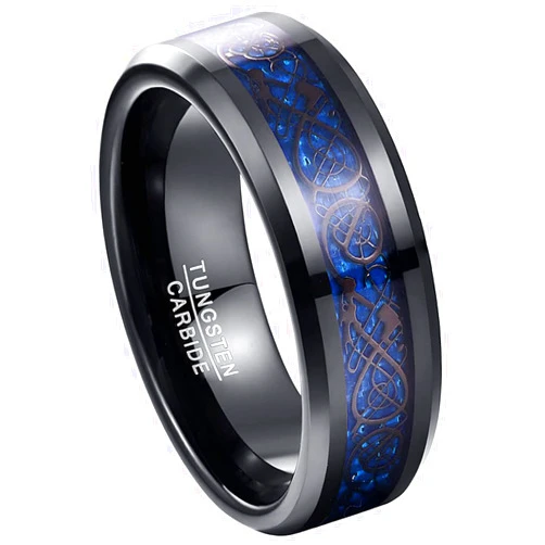 TUNGSTORY 8mm Black Tungsten Rings for Men Celtic Dragon Wedding Ring with Blue/Green Carbon Fiber/Red Opal Paper Inlay Comfort Fit Size 5-14