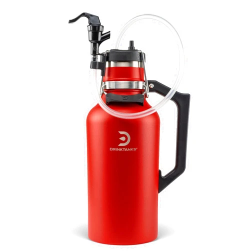 DrinkTanks® Travel Keg - 64 oz Growler with CO2 Dispensing Keg Cap for Carbonated Craft Beverages; Camping, Tailgating, Water Bottle Shares, BBQs, Boating & Adventure (Crimson)