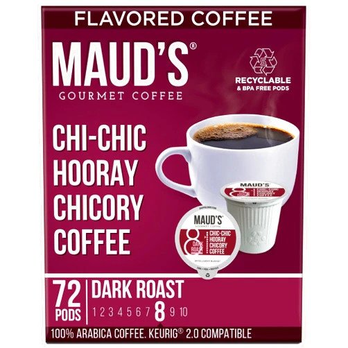 Maud's Chicory Dark Roast Coffee Pods, 72 ct | Chic-Chic Hooray Chicory Coffee | 100% Arabica Dark Roast Coffee | Solar Energy Produced Recyclable Pods Compatible with Keurig K Cups Maker