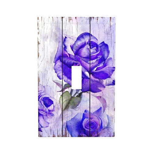 Spshian Light Switch Cover Purple Rose Flower Rustic Wood Plank 1 Gang Wall Plate Cover Single Toggle Outlet Covers Decorative Switchplate Electrical Faceplate for Farmhouse Bathroom Decor