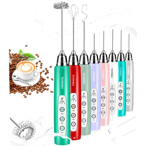 YUSWKO Milk Frother Handheld with 3 Heads, Electric Whisk Drink Foam Mixer with USB Rechargeable 3 Speeds, Mini Frother for Coffee Latte, Cappuccino, Hot Chocolate, Egg