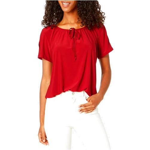 Star Vixen Women's Short/Slit Sleeve Keyhole-tie Peasant Top Bubble Hem
