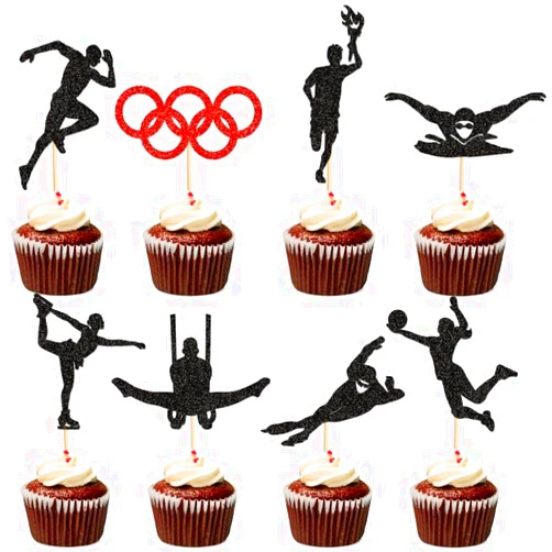 Ercadio 32Pcs Olympic Games Cupcake Toppers Picks Black Glint Olympic Athletes Olympic Rings Cake Toppers Olympic Party Decoration Celebration Supplies