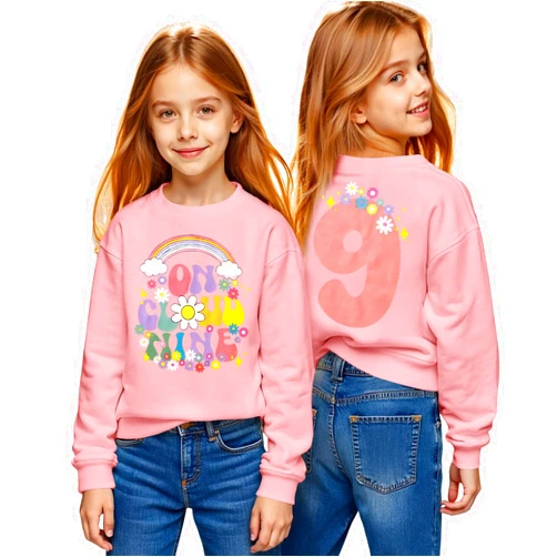 GLIGLITTR On Cloud Nine Birthday Girl Sweatshirt 9th Girl Birthday Outfit Rainbow Kid 9 Year Old Bday Party Long Sleeve Shirt