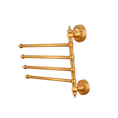 HOMOCONO Elegant Retro Design Copper Towel Rack 4 Bars Rotatable Wall-Mounted Bathroom Shelf Easy to Install