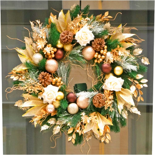 Soomeir Christmas Wreaths for Front Door with Lights Pre-Lit, Soomeir 24“ Champagne Gold Door Wreath with Ball Ornaments, Battery Operated Holiday Thanksgiving Fall Winter Decor (Gold)