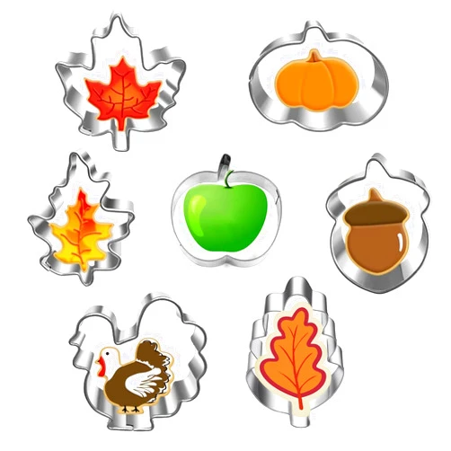 Laueob 7 Piece Fall Cookie Cutters,Mini Cookie Cutters,Leaf Cookie Cutter Set,Mini Autumn Leaves,Apples,Pumpkins,Acorns,Maple Trees,Turkeys,Fall Cookie Cutter Perfect for Thanksgiving