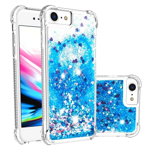 Asdsinfor iPhone SE 2022 /iPhone SE 2020 Phone Case,Glitter Liquid Cute Clear Quicksand TPU with Anti-Fall Belt Bumper Corner Protection Case for iPhone 6/iPhone 7/iPhone 8 Blue Love LSYB