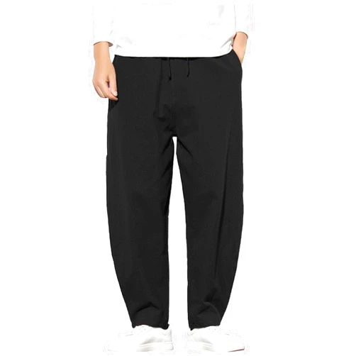 SJWCLYS Mens Pants,Men Pants Vintage Pants Men's Casual Solid Color Cotton Linen Wide Leg Pants Bloomers Loose Cropped Pants 01-black Large