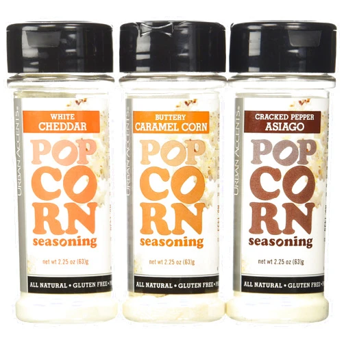 Urban Accents Popcorn Seasoning - All Natural - Gluten Free - Non-GMO - Variety Pack of 3 - Buttery Caramel Corn/Cracked Pepper Asiago/White Cheddar