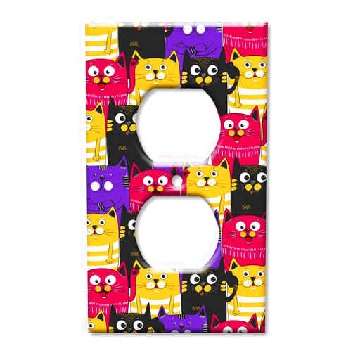 Art Plates Duplex Outlet Cover Decorative Metal Wall Plate - Black, Purple and Orange Cat Toss - (Made in USA)