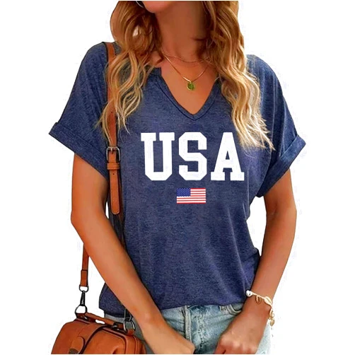 BEDDAN Women's USA Flag T-Shirts V-Neck American Flag Graphic Tees Casual 4th of July Patriotic Tshirt Tops