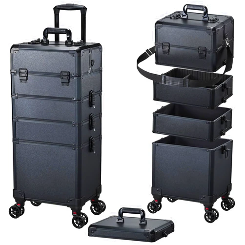 FRENESSA Rolling Makeup Case Makeup Train Case with Lid 5 in 1 Cosmetology Case on Wheels Cosmetic Trolley Organizer Large Makeup Organizers Case Profesional Cosmetic Case for Salon Barber Nail Beauty, Black