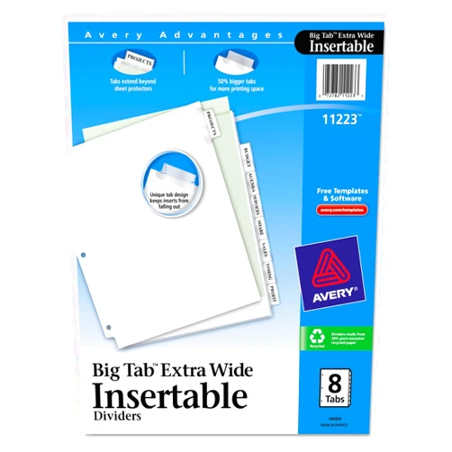 Avery 11223 Extra Wide Insertable Dividers,11-Inch x9-Inch,8-Tab,Clear/WE Paper