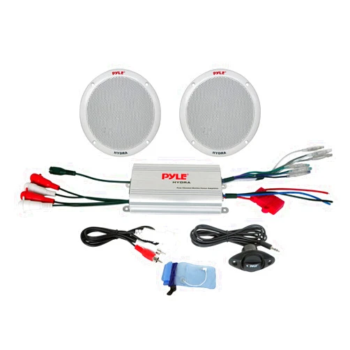Pyle Marine Receiver Speaker Kit - 2-Channel Amplifier w/ 6.5” Speakers (2) Waterproof Poly Bag 3.5mm Jack RCA Adaptor for MP3/iPod & Volume Gain Remote Control & Power Protection Circuitry - PLMRKT2A
