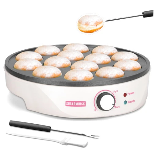 SugarWhisk Mini Pancakes Maker Machine with 14 Larger & Deeper Grooves, Electric Mini Pancake Pan, Aebleskiver Pan, Ebelskiver Pan, Browning Controllable, White