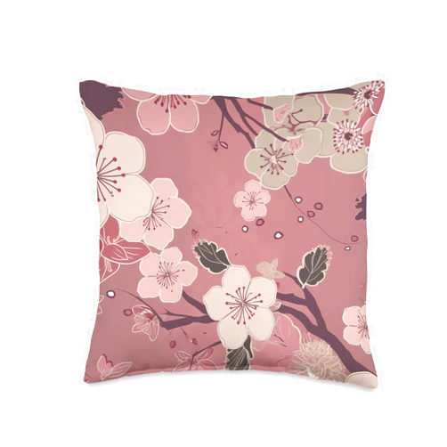 Zen Petals Sakura Studios Exquisite Japanese Cherry Blossom Pattern with Serene Petals Throw Pillow, 16x16, Multicolor