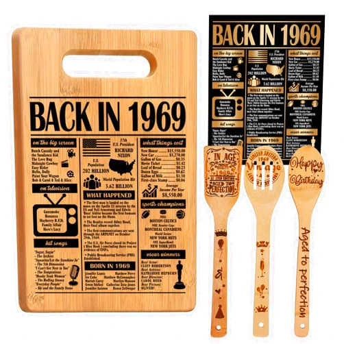 Z-synka 56th Birthday Gifts for Women Men,1969 Birthday Gifts for Her Him Mom Dad Friends,56 Year Old Birthday Gifts,56th Birthday Decor,Back in 1969 Cutting Board Wooden Spoons Poster Gifts for Women Men