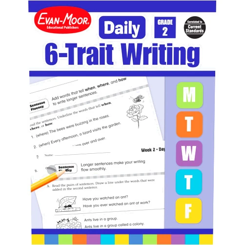 By Evan-Moor Educational Publishers (Author) Evan-Moor Daily 6-Trait Writing, Grade 2, Homeschool and Classroom Resource Workbook, Reproducible Worksheets, Teaching Edition, Lesson Plans, Ideas, Organization, Word Choice, Sentence Fluency, Voice