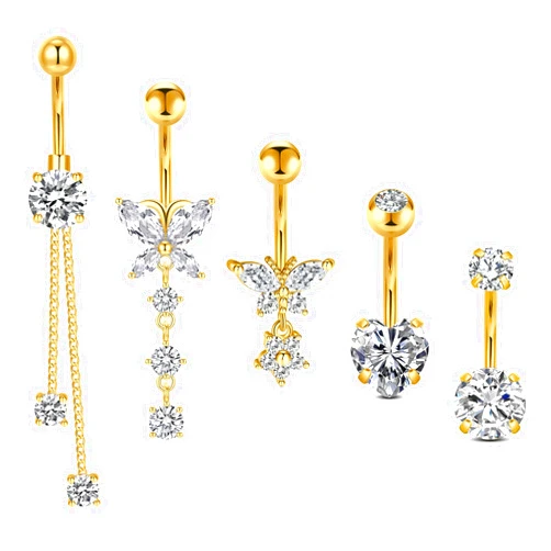 Incaton 14G Belly Button Rings Stainless Steel Dangling Butterfly Heart Diamond Belly Rings Dangle Navel Piercing Jewelry For Women
