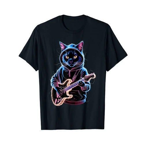 Meow-sic to Your Ears Cool Cat with Guitar Rockstar Cat Electric Guitar Playing Feline Fun T-Shirt