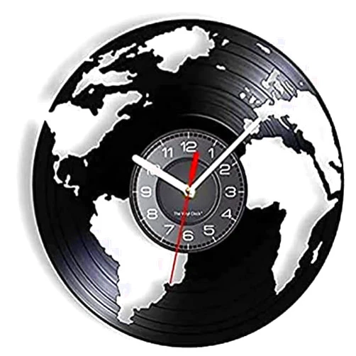 LKCLOCK Vinyl Clock Non Ticking Wall Clock Globe Earth World Vinyl Record Wall Clock Living Green Homeland Terre Map Geography Art Home Decor Disk Crafts Silent Clock 12CM