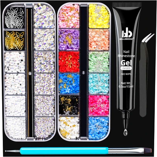 BELLEBOOST Nail Art Rhinestone Glue Gel&2 Boxes 3D Charms Accessories Kit 1, 1 Pc of 15ml Rhinestone Glue(UV/LED Needed)+3D Flowers Nail Decors Gems Crystal Pearls Bow Beads with Dual-End Brush Tool And Tweezer