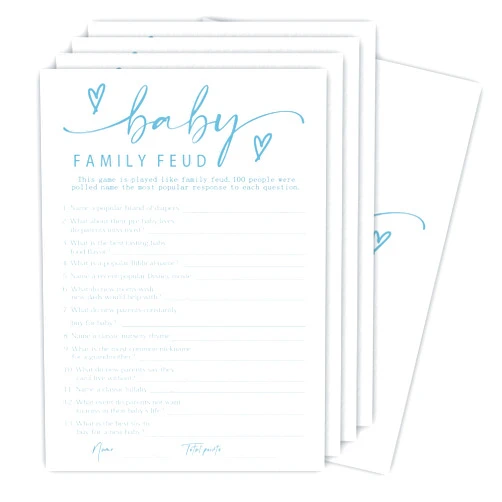 Ketsord Baby Family Feud Game Set For Baby Shower - Minimalism White & Blue - 30 Double-Sided Fill In Style Game Cards With Answer Cards, Gender Reveal, Announcement, Party Favor & Supplies - A04