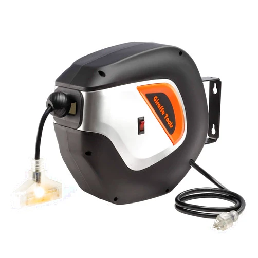 Giraffe Tools Retractable Extension Cord Reel, 40FT Power Cord Reel with 16/3AWG x 40ft SJT, Ceiling/Wall Mounted, Swivel Bracket, Lighted Triple Outlets for Garage