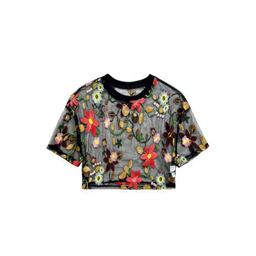 WDIRARA Women's Floral Embroidery Sheer Mesh Crop Top Crew Neck Short Sleeve Blouse See Through Tee Shirt