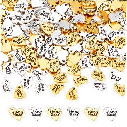 FINGERINSPIRE 240 Pcs Handmade Heart Charm Antique Silver & Gold Heart Shaped Word Message Charm Pendant Alloy Message Bead Pendants Accessory for DIY Bracelet Necklace Jewelry Making Findings