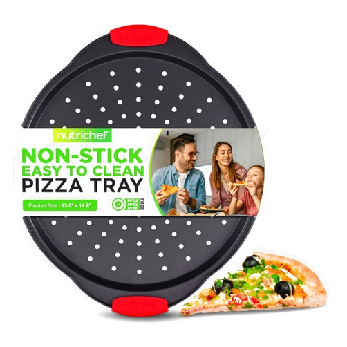 NutriChef 13-Inch Nonstick Pizza Tray - Round Carbon Steel Non-Stick Pizza Baking Pan with Perforated Holes, Premium Bakeware Pizza Screen with Silicone Grip Handles, Dishwasher Safe - NCBPIZ1