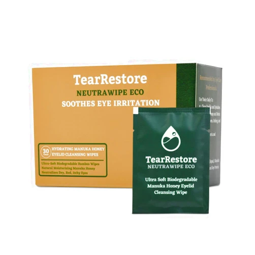 TearRestore NeutraWipe Eco Manuka Honey Eyelid Wipes | Ultra-Soft Biodegradable Eyelash Cleanser For Blepharitis & Dry, Itchy, Swollen, Irritated Eyes (30 Count)