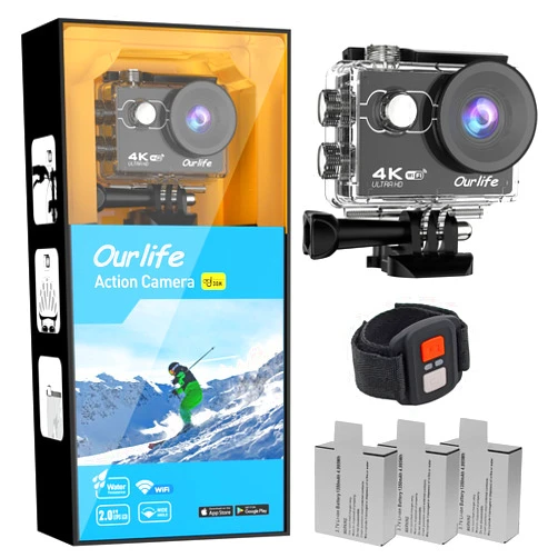 Ourlife Waterproof Camera Underwater 131FT,4K Action Camera with WiFi,4xZoom,30FPS Ultra HD Video,16MP Photos,170°Wide Angle,Remote Control,Sports Cam with 3X1350mAh Batteries and Helmet Accessories